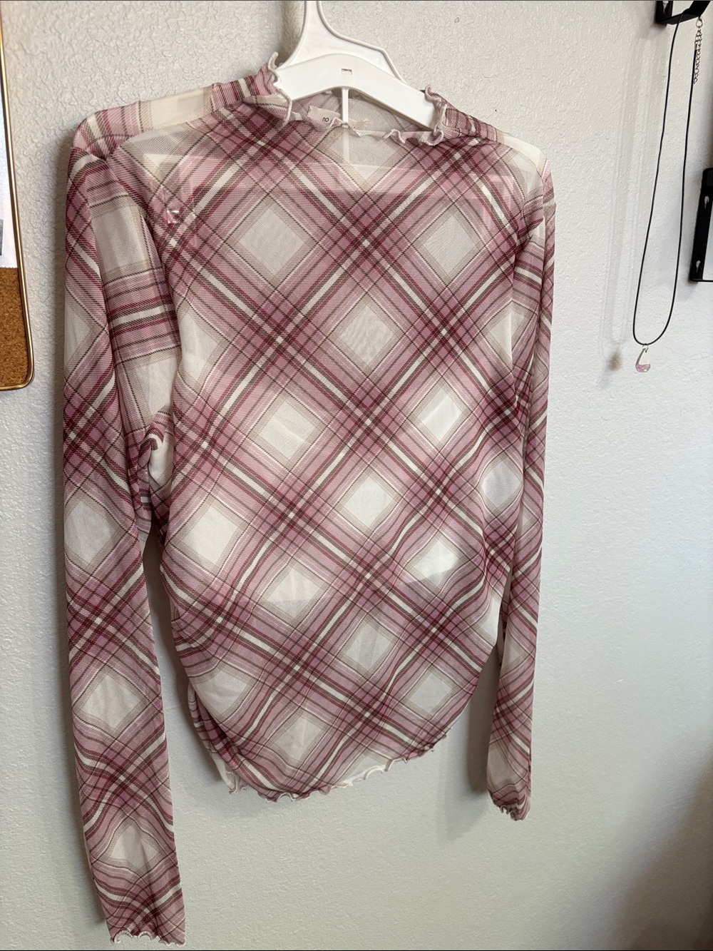 Sheer Pink Plaid Long-Sleeve Mesh Top